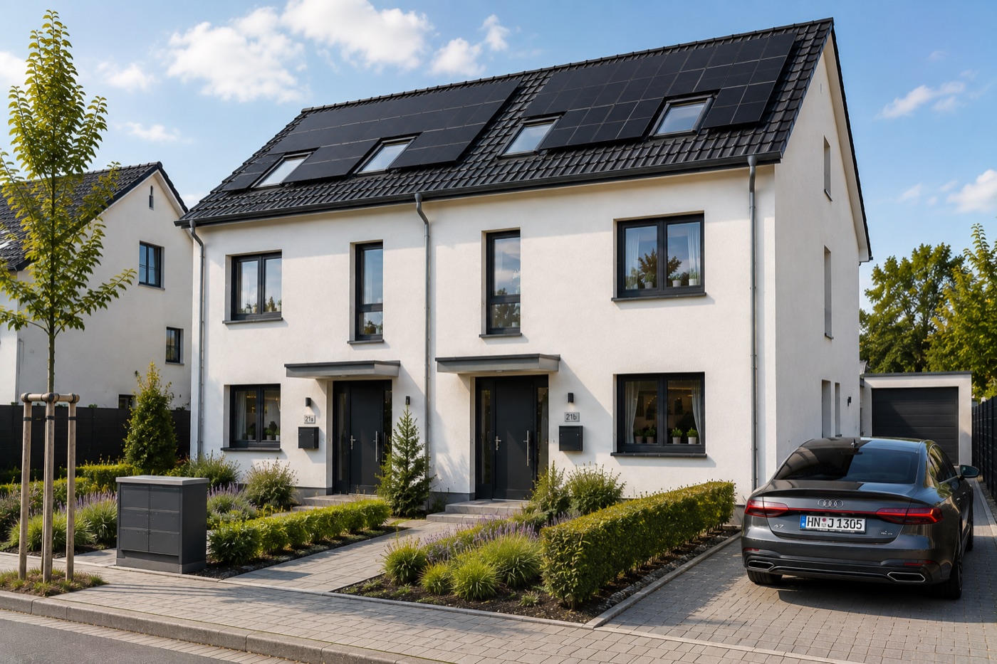 Neubau-Doppelhaushälfte mit Photovoltaik am Tag