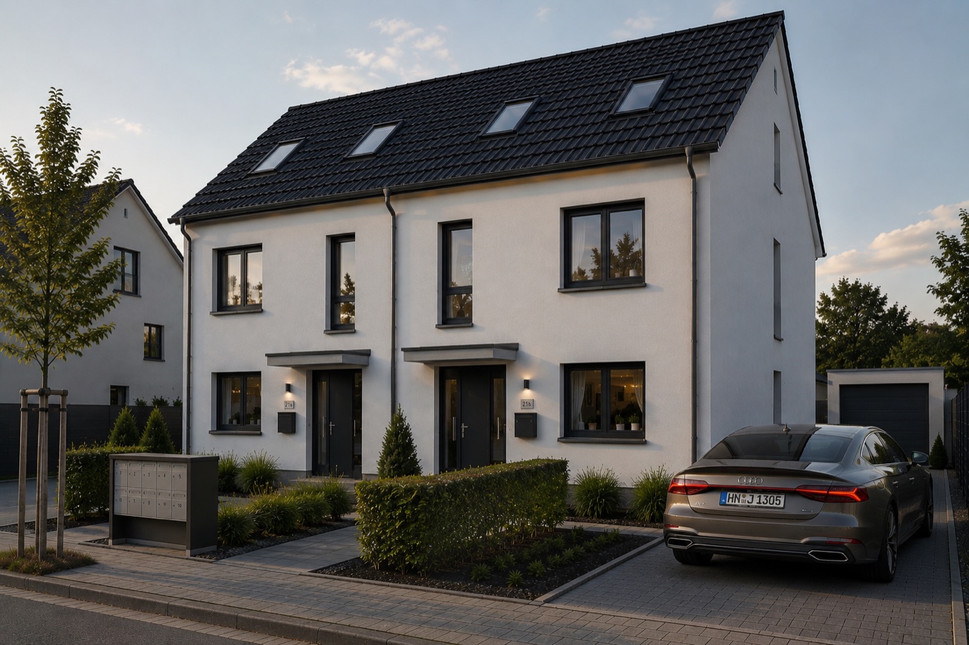 Neubau-Doppelhaushälfte mit Photovoltaik am Abend